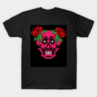 Pink of skull with red roses T-Shirt